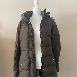 Long green puffer jacket with removable hood